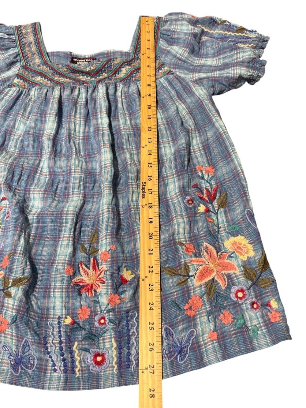 Johnny Was Workshop Women Size M Aimee Peasant Top Floral Embroidered Blue Plaid - Picture 6 of 8